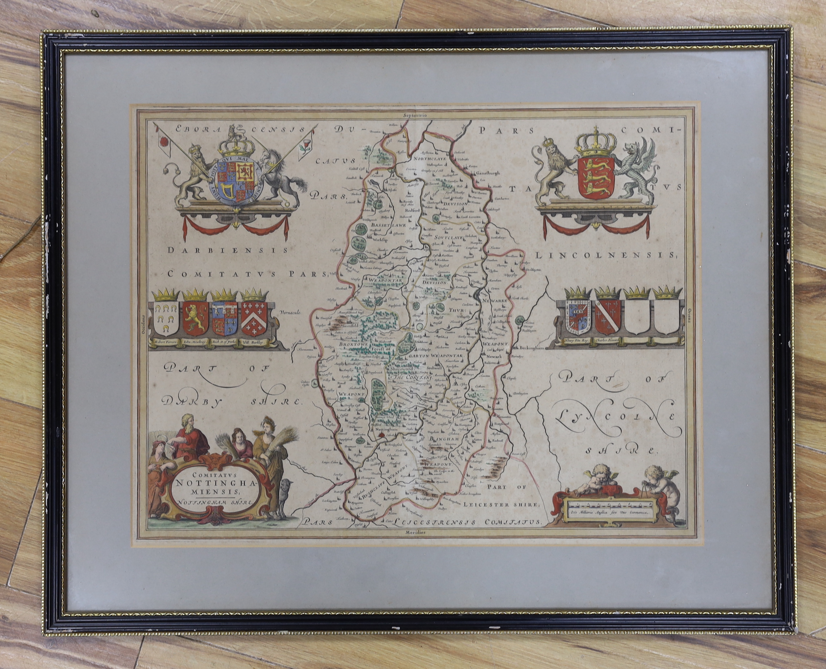 Johannes Blaeu (Dutch 1596-1673), Comitatus Nottinghamiensis, antique hand coloured engraving, Map of Nottinghamshire, 51cm x 39cm